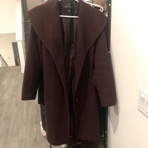 London Fog Ladies Wool Blend Long-Length Hooded Pea Coat - Burgundy
